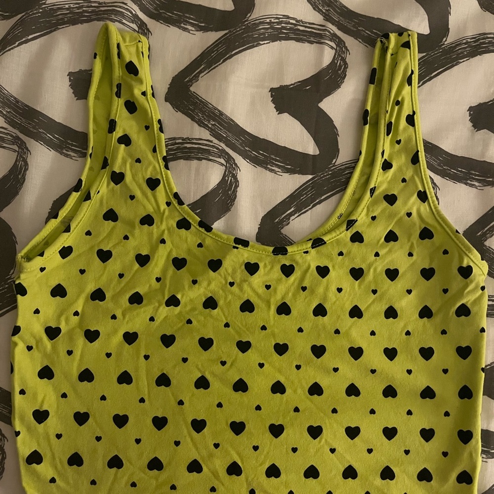 Neon green black hearts tank top